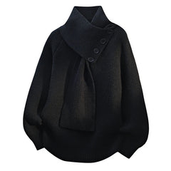 Women’s Buttoned Scarf-Neck Knit Jumper in Black