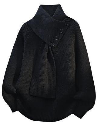 Women’s Buttoned Scarf-Neck Knit Jumper in Black