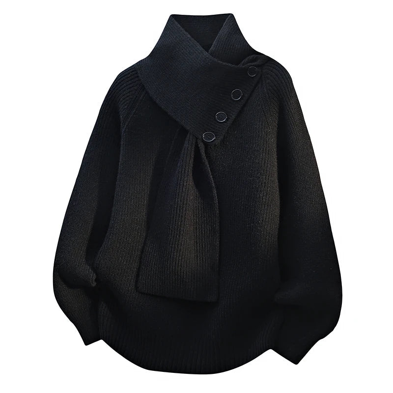 Women’s Buttoned Scarf-Neck Knit Jumper in Black