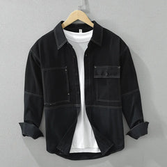 Men’s Two-Tone Cotton Twill Overshirt in Black