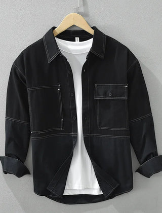 Men’s Two-Tone Cotton Twill Overshirt in Black
