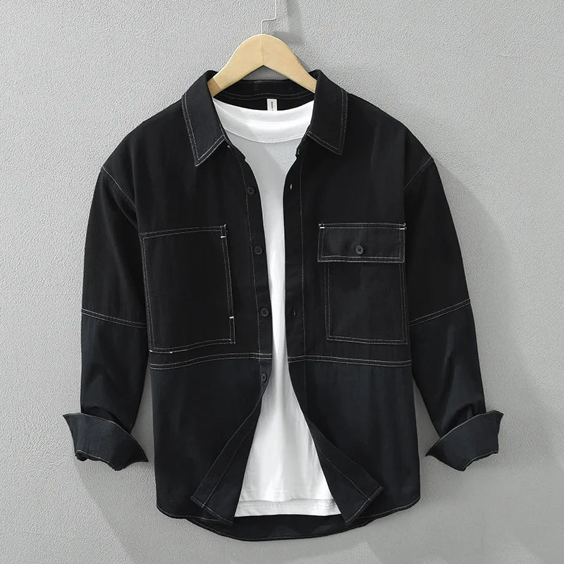 Men’s Two-Tone Cotton Twill Overshirt in Black