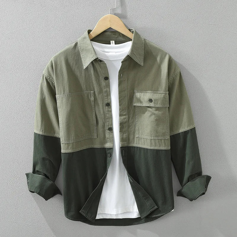 Men’s Two-Tone Cotton Twill Overshirt in Green