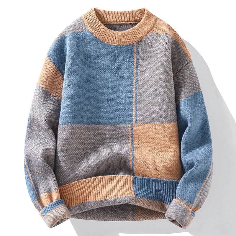 Men’s Geometric Colour-Block Knit Jumper in Khaki