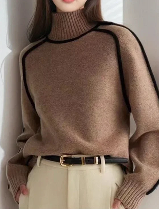 Women’s Contrast-Trim High-Neck Jumper in Brown