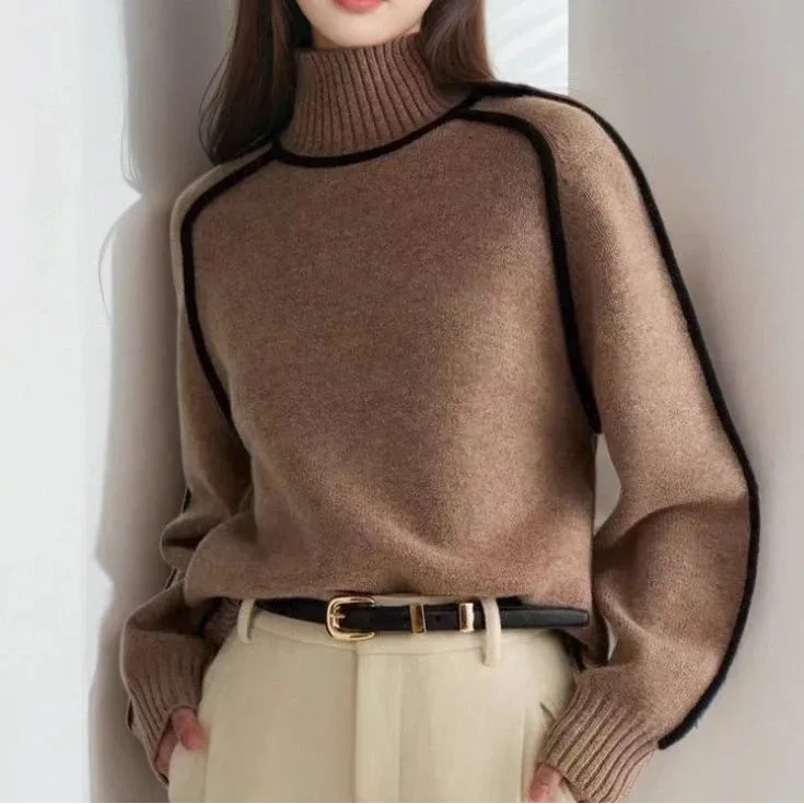 Women’s Contrast-Trim High-Neck Jumper in Brown