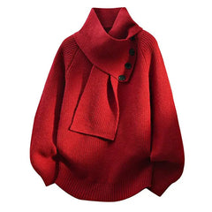 Women’s Buttoned Scarf-Neck Knit Jumper in Red