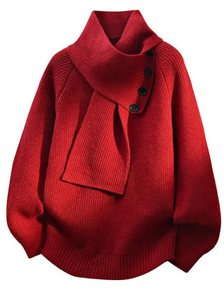 Women’s Buttoned Scarf-Neck Knit Jumper in Red