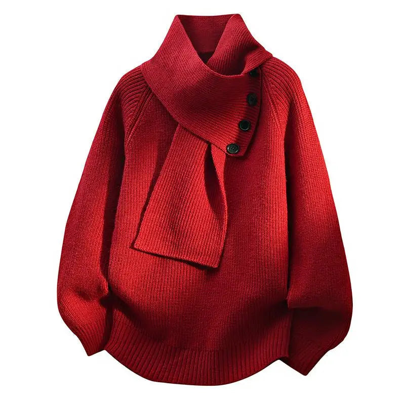 Women’s Buttoned Scarf-Neck Knit Jumper in Red