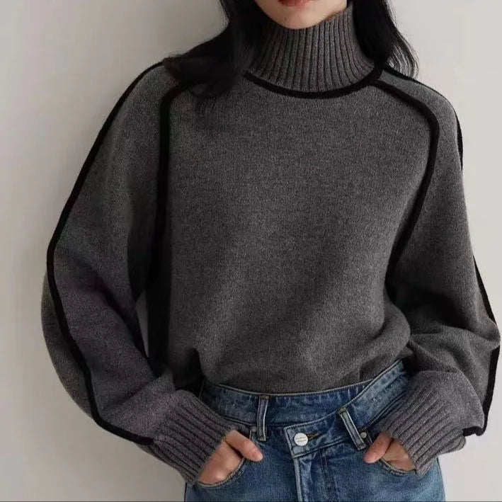 Women’s Contrast-Trim High-Neck Jumper in Grey