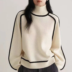 Women’s Contrast-Trim High-Neck Jumper in Apricot