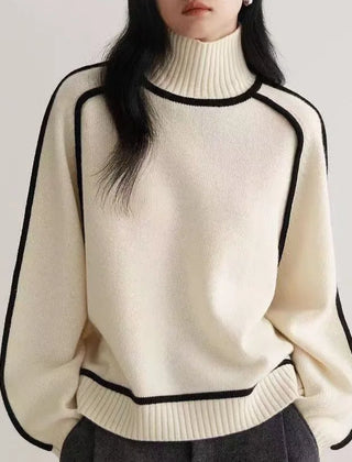 Women’s Contrast-Trim High-Neck Jumper in Apricot