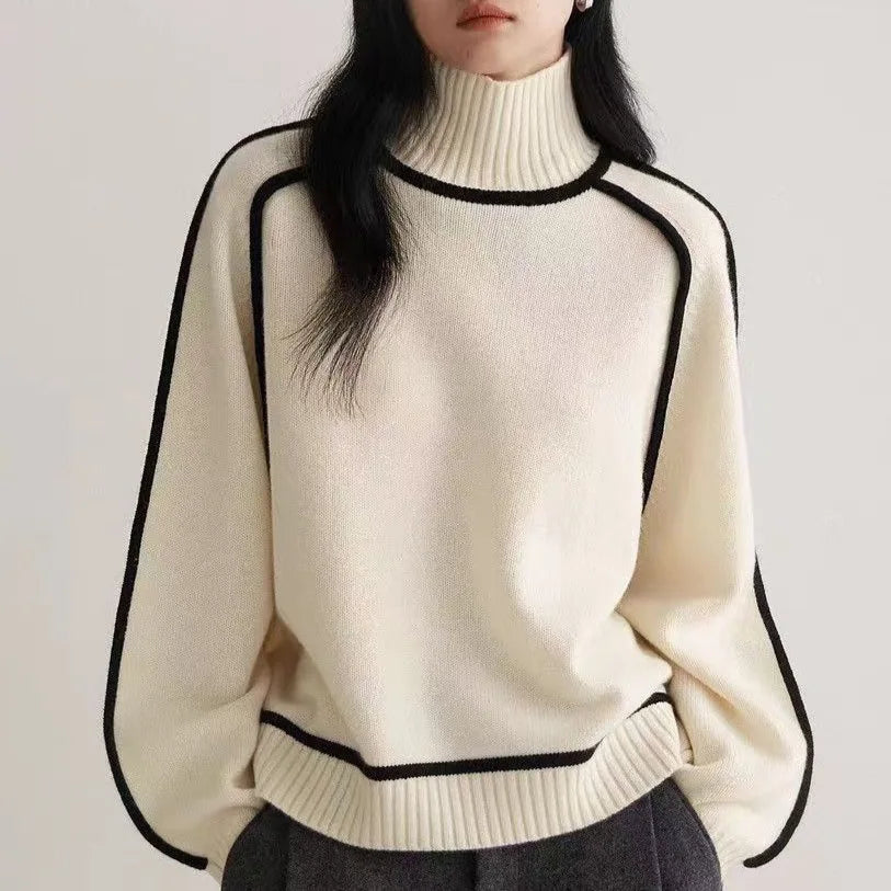 Women’s Contrast-Trim High-Neck Jumper in Apricot