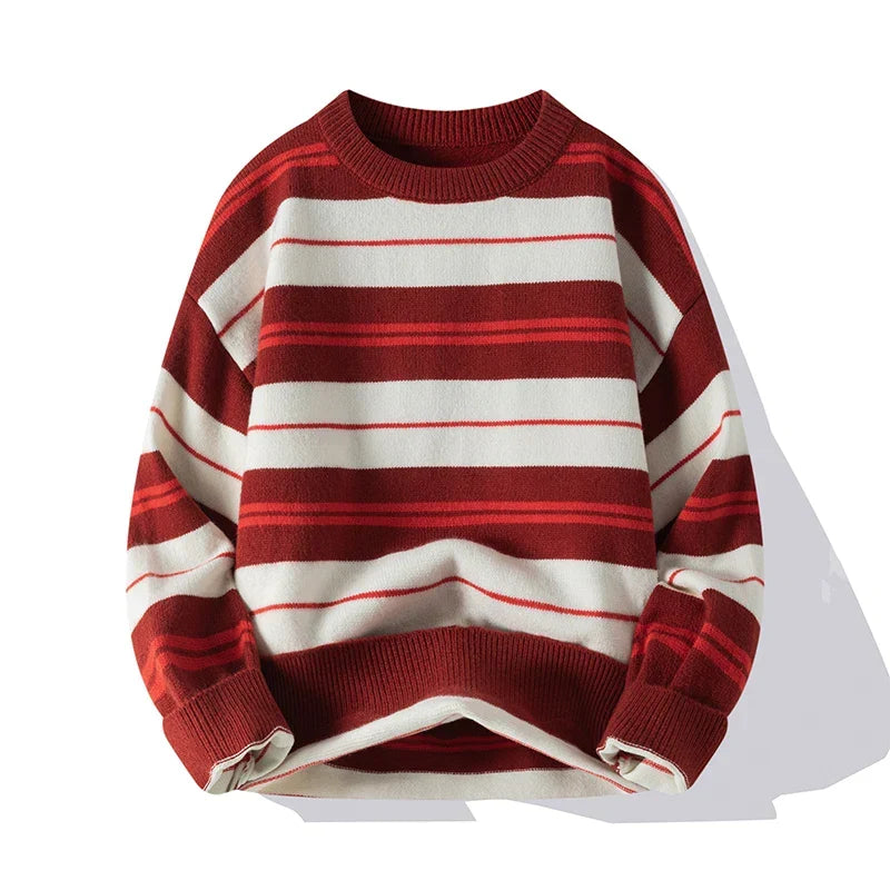Men’s Cotton-Blend Stripe Crew-Neck Jumper in Red