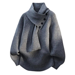 Women’s Buttoned Scarf-Neck Knit Jumper in Grey