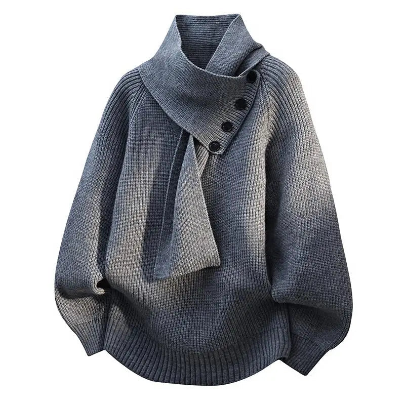Women’s Buttoned Scarf-Neck Knit Jumper in Grey