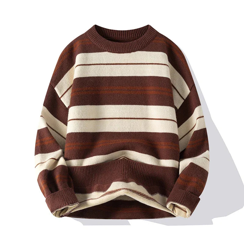 Men’s Cotton-Blend Stripe Crew-Neck Jumper in Brown