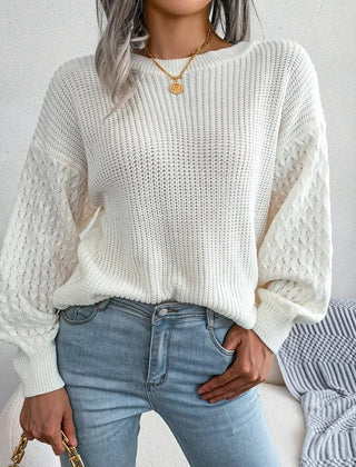 Women’s Textured-Sleeve Crew-Neck Jumper in White
