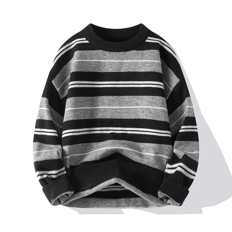 Men’s Cotton-Blend Stripe Crew-Neck Jumper in Black