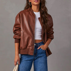 Women’s Faux-Leather Zip-Front Bomber Jacket in Brown