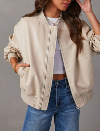 Women’s Faux-Leather Zip-Front Bomber Jacket in Cream