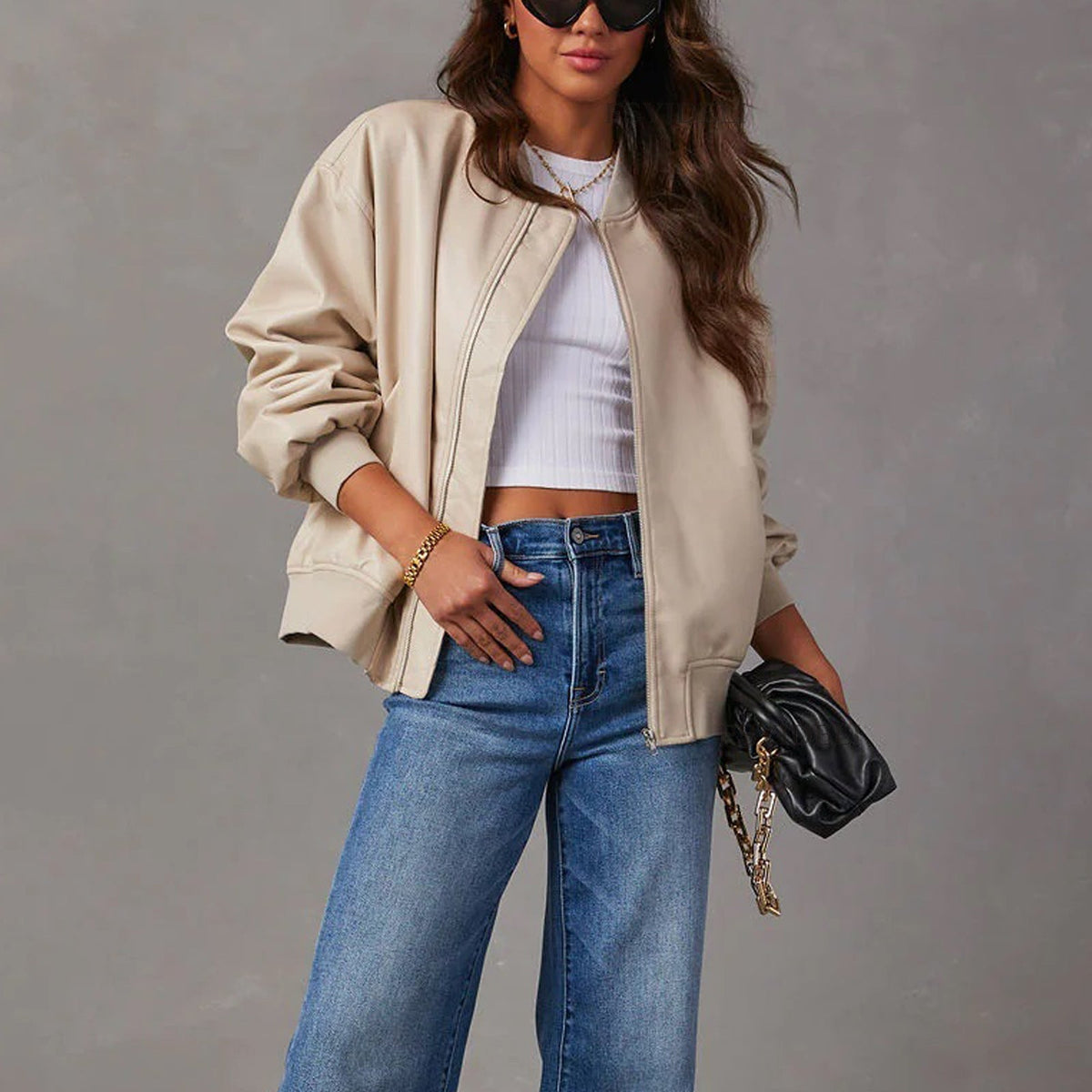 Women’s Faux-Leather Zip-Front Bomber Jacket