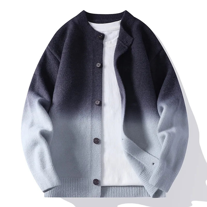 Men’s Cotton-Blend Ombre Knit Cardigan in Navy Blue and Light Grey