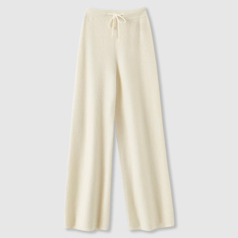 Women’s Cashmere-Blend Drawstring Wide-Leg Knit Trousers in Beige
