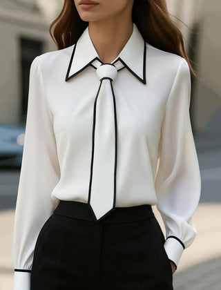 Women’s Contrast-Collar Tie-Neck Long-Sleeve Blouse in White