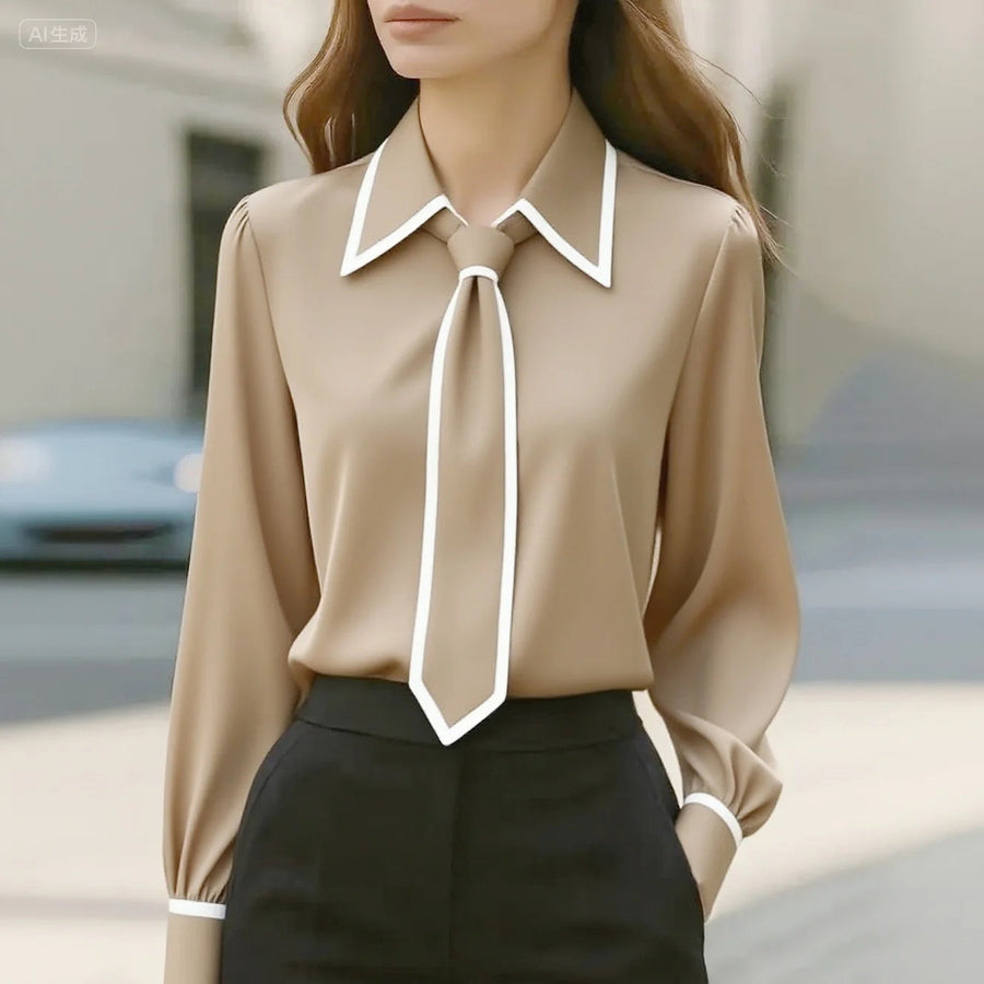 Women’s Contrast-Collar Tie-Neck Long-Sleeve Blouse in Beige