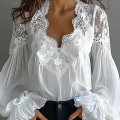Women’s Floral-Lace V-Neck Lantern-Sleeve Blouse in White