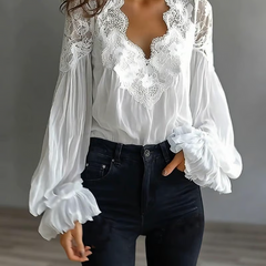 Women’s Floral-Lace V-Neck Lantern-Sleeve Blouse