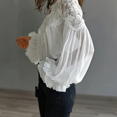 Women’s Floral-Lace V-Neck Lantern-Sleeve Blouse