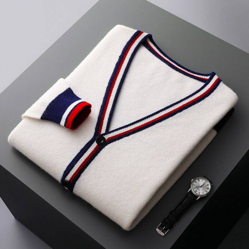 Men’s Wool-Blend Contrast-Trim Cardigan in Cream White