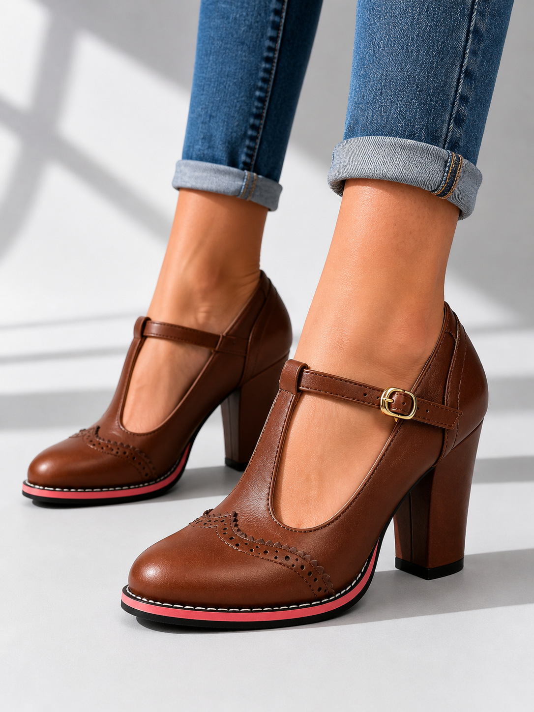 Women’s Brogue T-Bar Buckled Block Heels in Brown