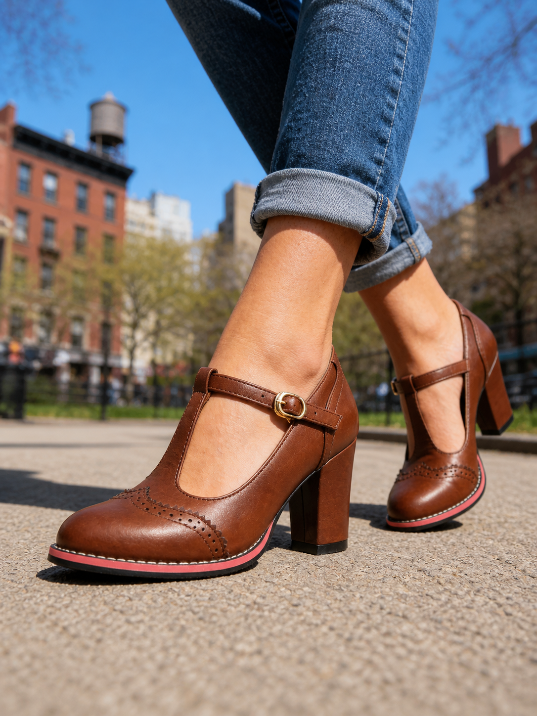 Women’s Brogue T-Bar Buckled Block Heels