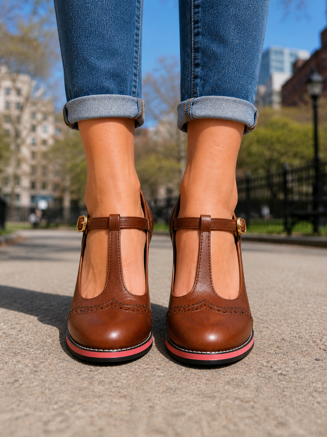Women’s Brogue T-Bar Buckled Block Heels