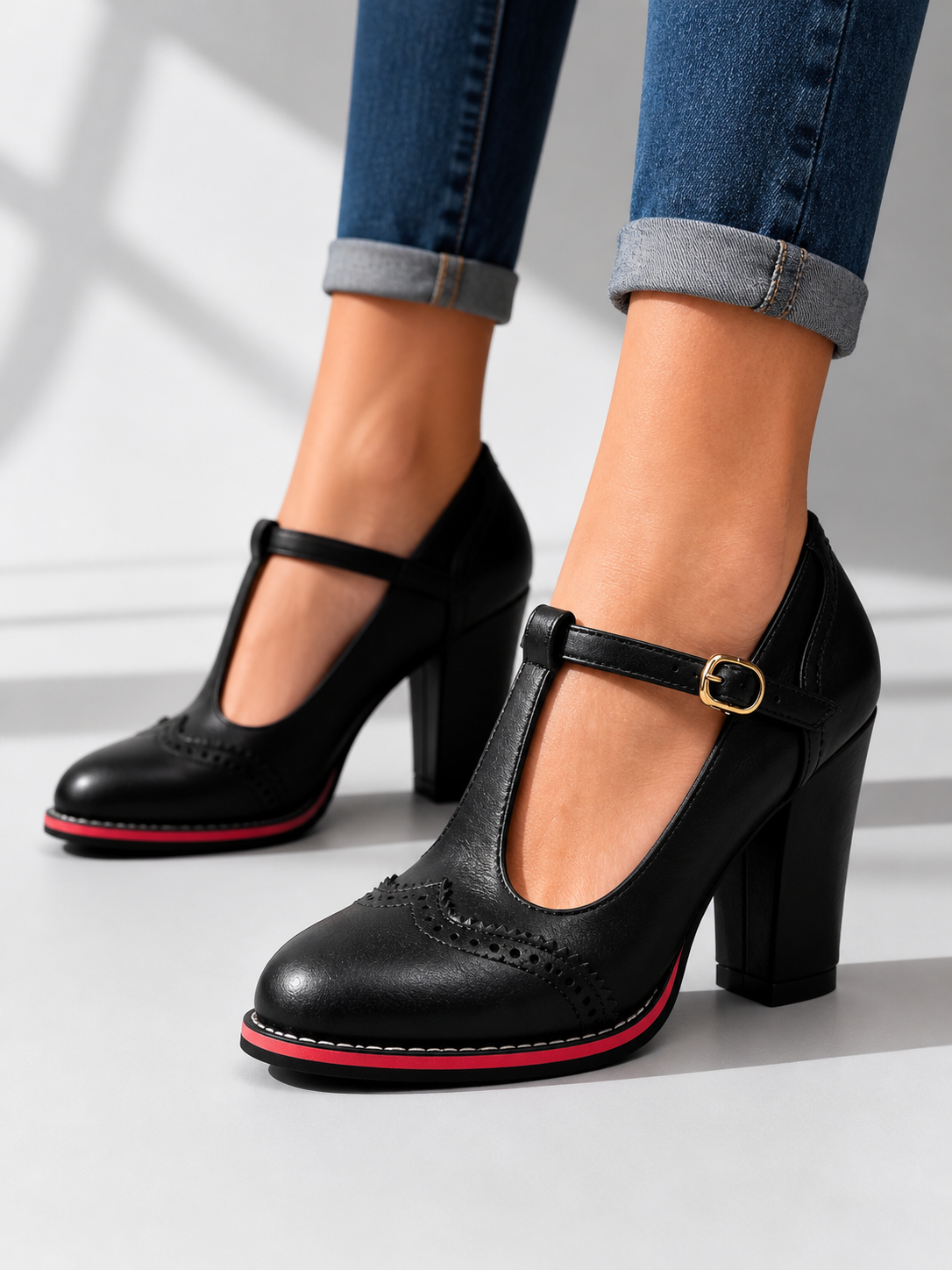 Women’s Brogue T-Bar Buckled Block Heels in Black