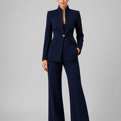 Women’s Collarless Blazer and Flared Trouser Suit in Navy