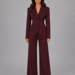 Women’s Cinched-Waist Blazer and Wide-Leg Trouser Suit in Burgundy