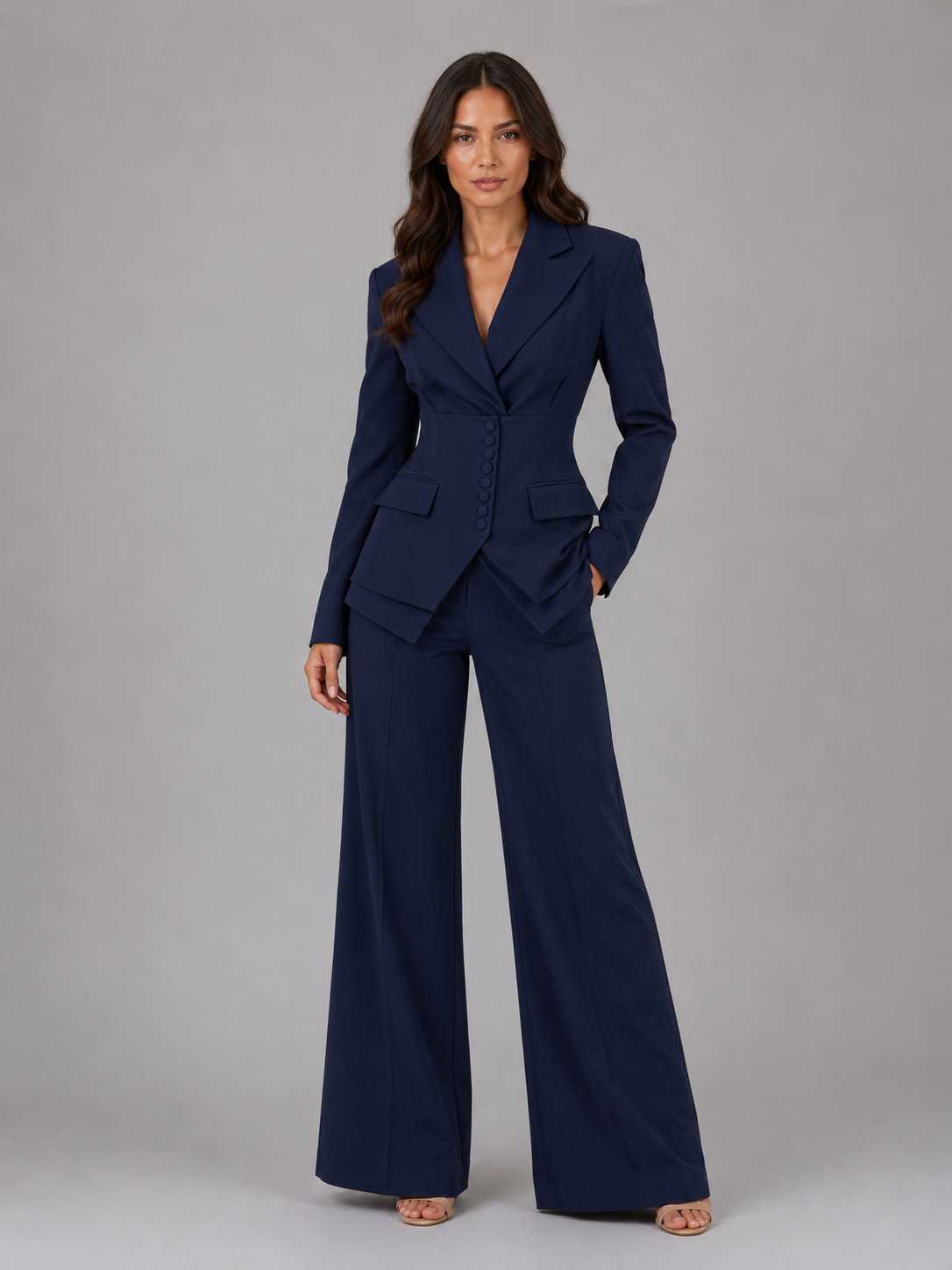 Women’s Cinched-Waist Blazer and Wide-Leg Trouser Suit in Navy