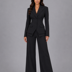 Women’s Cinched-Waist Blazer and Wide-Leg Trouser Suit in Black