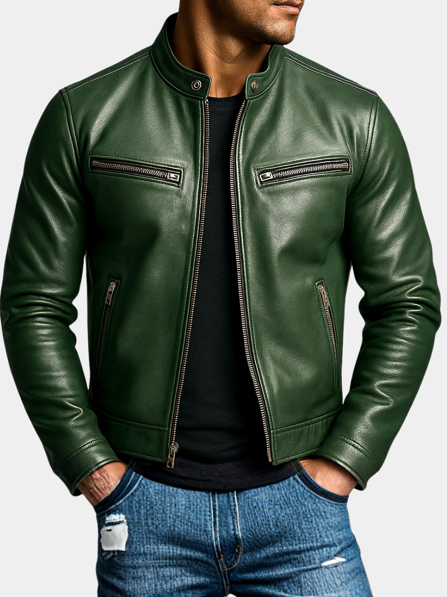 Men’s Faux-Leather Snap-Collar Biker Jacket