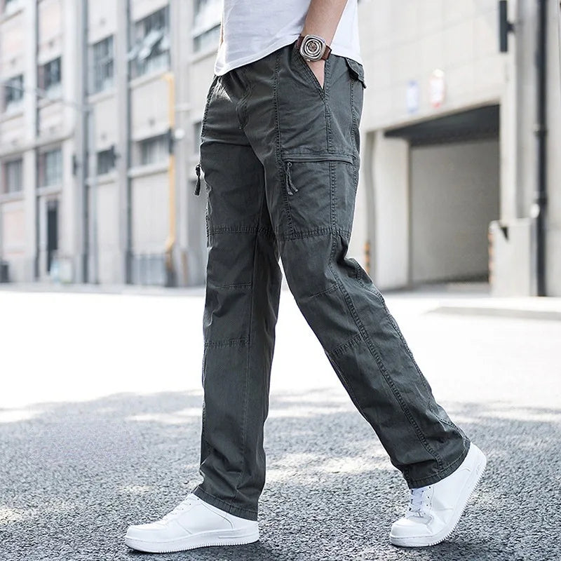 Men’s Stretch Cargo Trousers with Elastic Waist in Army Grey