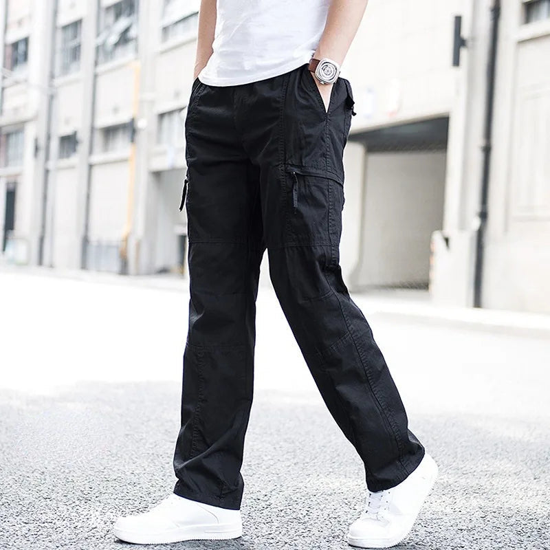 Men’s Stretch Cargo Trousers with Elastic Waist in Black