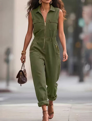 Women’s Sleeveless Utility Jumpsuit with Gold Zip