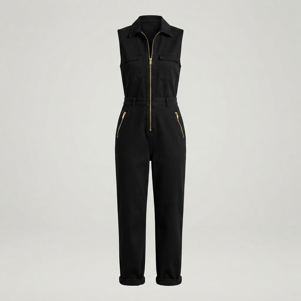 Women’s Sleeveless Utility Jumpsuit with Gold Zip