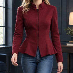 Women’s Stand-Collar Zip-Front Peplum Jacket in Red
