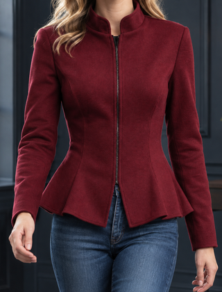 Women’s Stand-Collar Zip-Front Peplum Jacket in Red