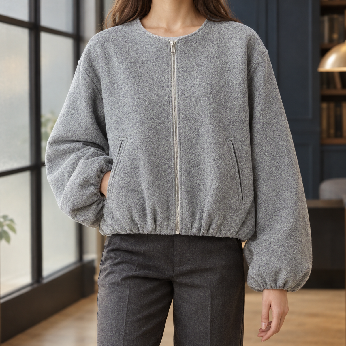 Ophelia-June Balloon Sleeve Women's Jacket - Grey
